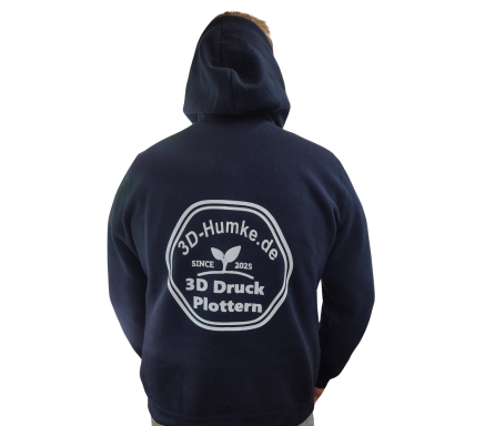 Dunkelblauer Kapuzenpullover mit weißem Aufdruck "3D-Druck Plattform".
